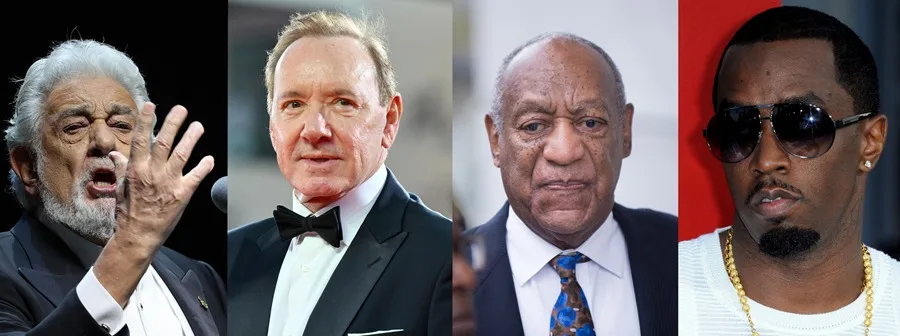 Combo de fotografías de archivo que muestran de izquierda a derecha al cantante Plácido Domingo, los actores Kevin Spacey y Bill Cosby y el empresario Sean 'Diddy' Combs. EFE/ Archivo
