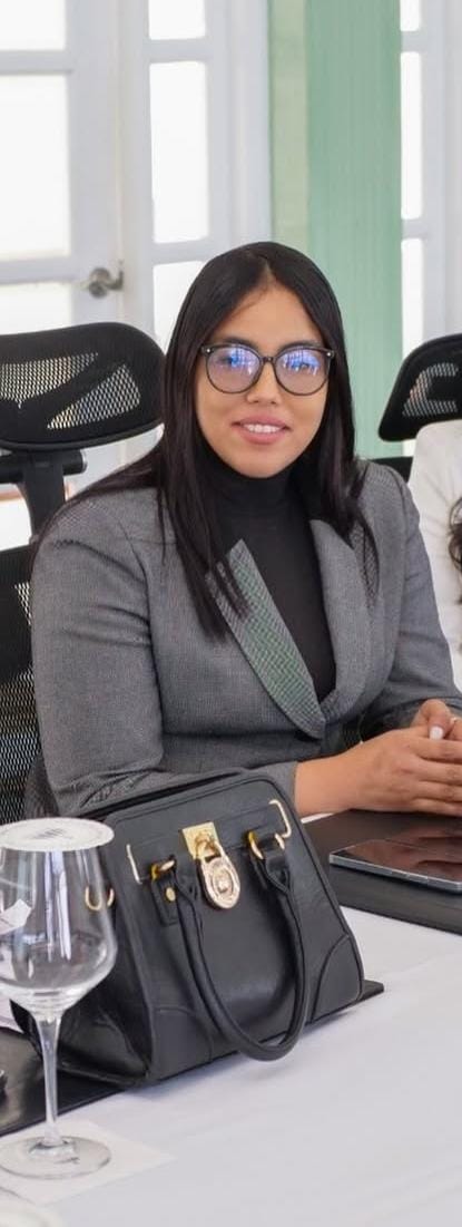 Mujer profesional en reunión, con gafas y bolso.
