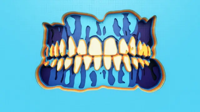 Ilustración de dientes humanos sobre fondo azul.