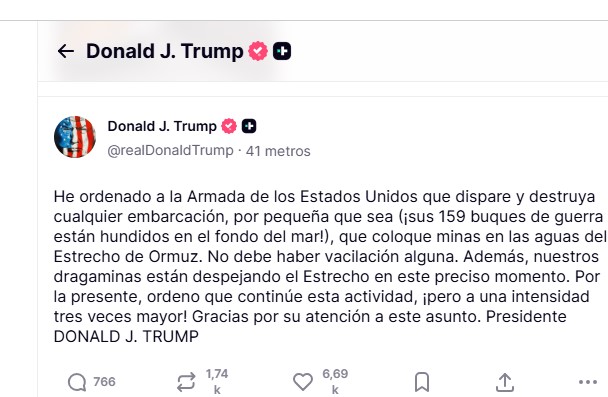 Trump ordena la destrucción de barcos en el Estrecho de Ormuz