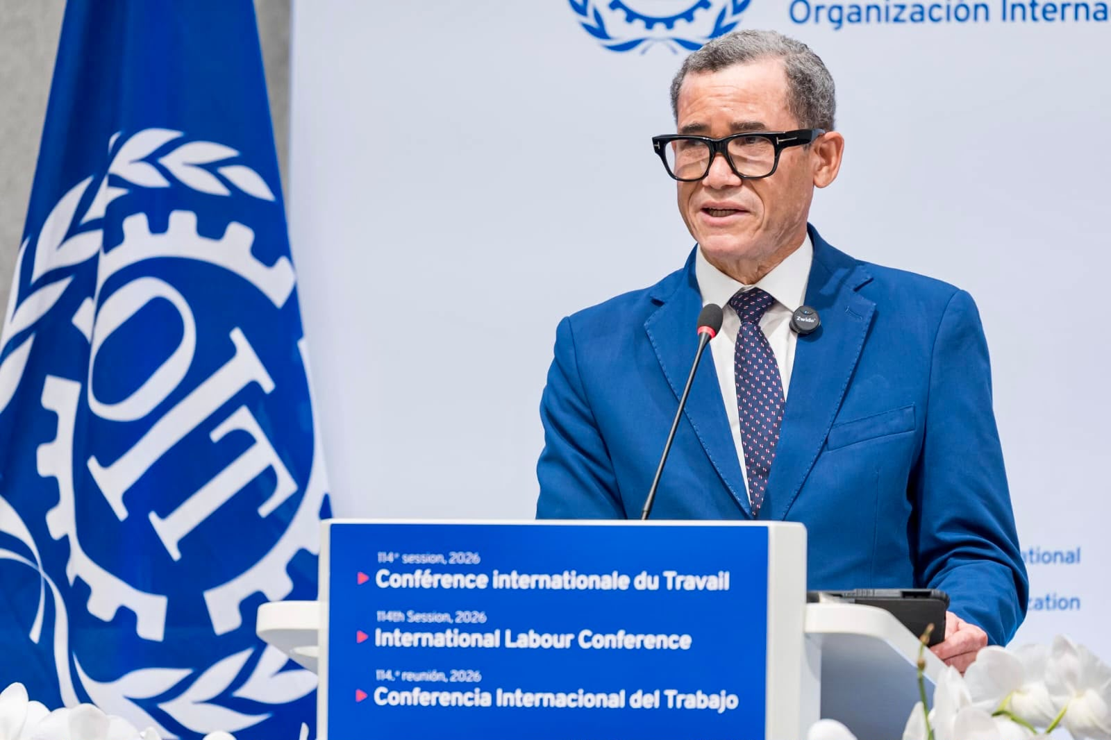 Representante habla en el podio de la OIT durante la Conferencia Internacional del Trabajo