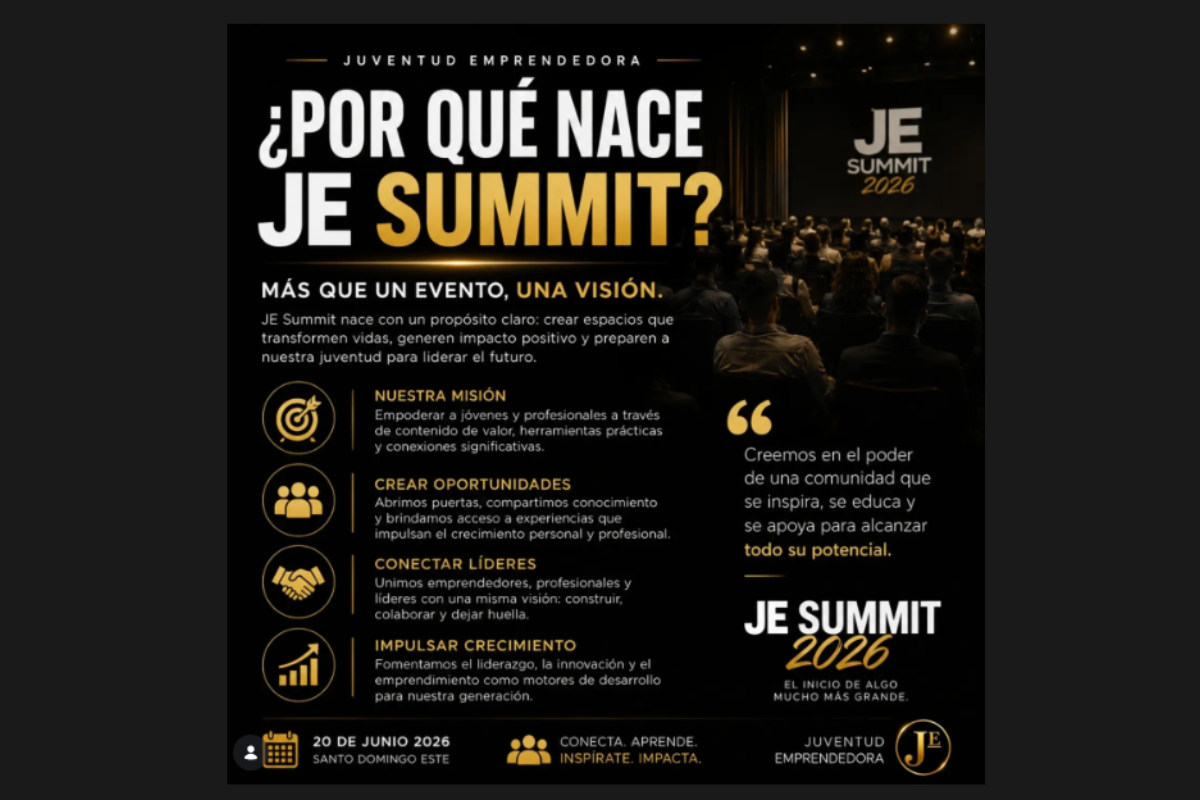 Infografía de la Cumbre JE 2026 sobre liderazgo juvenil y emprendimiento en Santo Domingo Este
