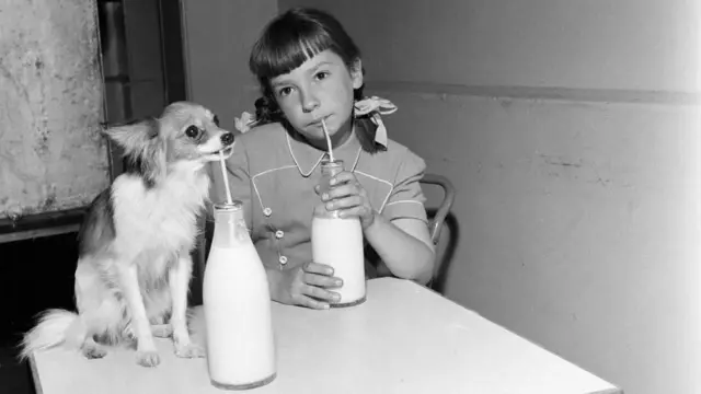 Imagen en blanco y negro de los años 50. Se ve a una niña y un perro bebiendo leche cada uno de una botella de vidrio diferente. 