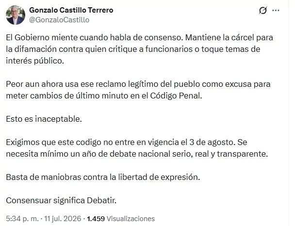 Publicación de Gonzalo Castillo en X critica cambios de última hora al Código Penal