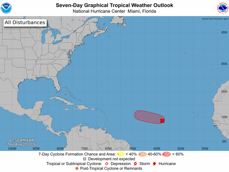 La tormenta tropical Dolly podría formarse este jueves 27 de agosto de 2026 en el Atlántico. NOAA Leer más en: https://www.elnuevoherald.com/noticias/america-latina/el-caribe/article317028930.html#storylink=cpy