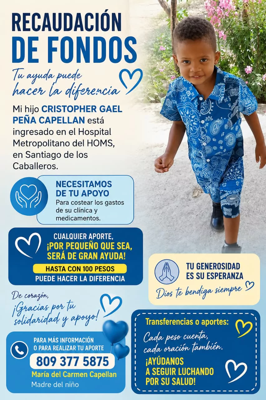 Afiche de recaudación de fondos para Cristopher Gael Peña Capellán, niño internado en el HOMS de Santiago, con datos de contacto para ayuda