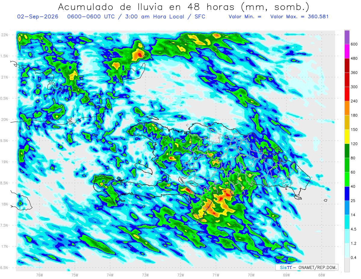 Pronóstico de lluvia acumulada para las próximas 48 horas. Modelo WRF/SISPI