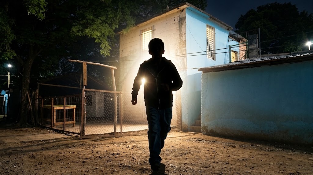 El niño escapó por la noche. Fue entrevistado por un psicólogo forense tras su estancia en un destacamento. (Imagen generada con IA para recrear la escena. La silueta no pertenece al niño.)