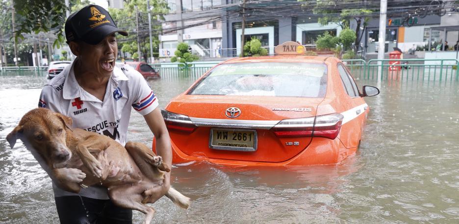 Un hombre camina por una carretera inundada con un perro en brazos, delante de un coche abandonado en la avenida Phetchaburi de Bangko.