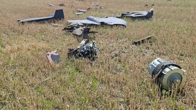 Restos de un dron ruso yacen en la hierba del Parque Nacional de las Lagunas de Tuzly, Ucrania. 