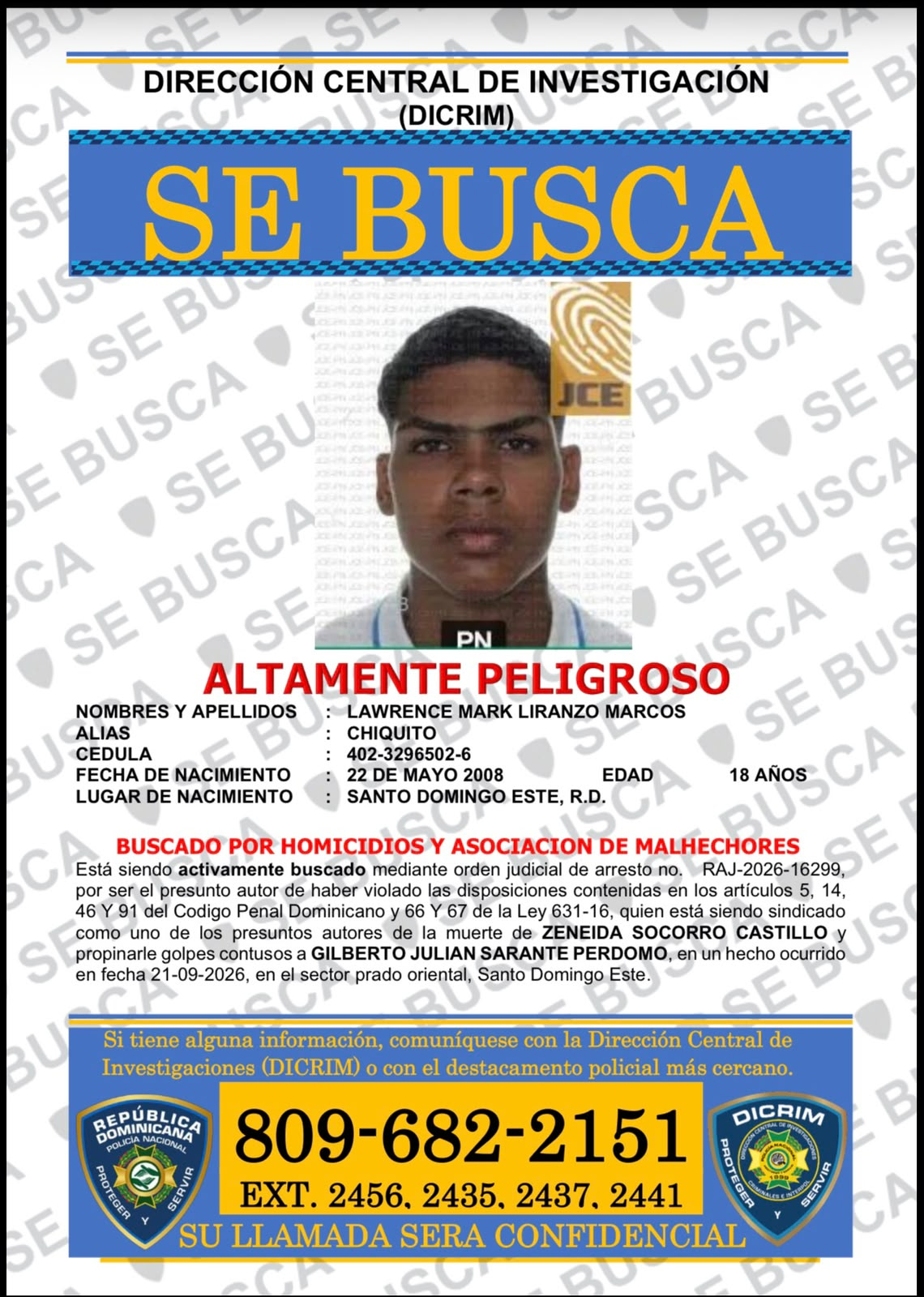 Cartel de búsqueda DICRIM de Lawrence Mark Liranzo Marcos, alias Chiquito, involucrado en el caso de la esposa de Julián Oro Duro