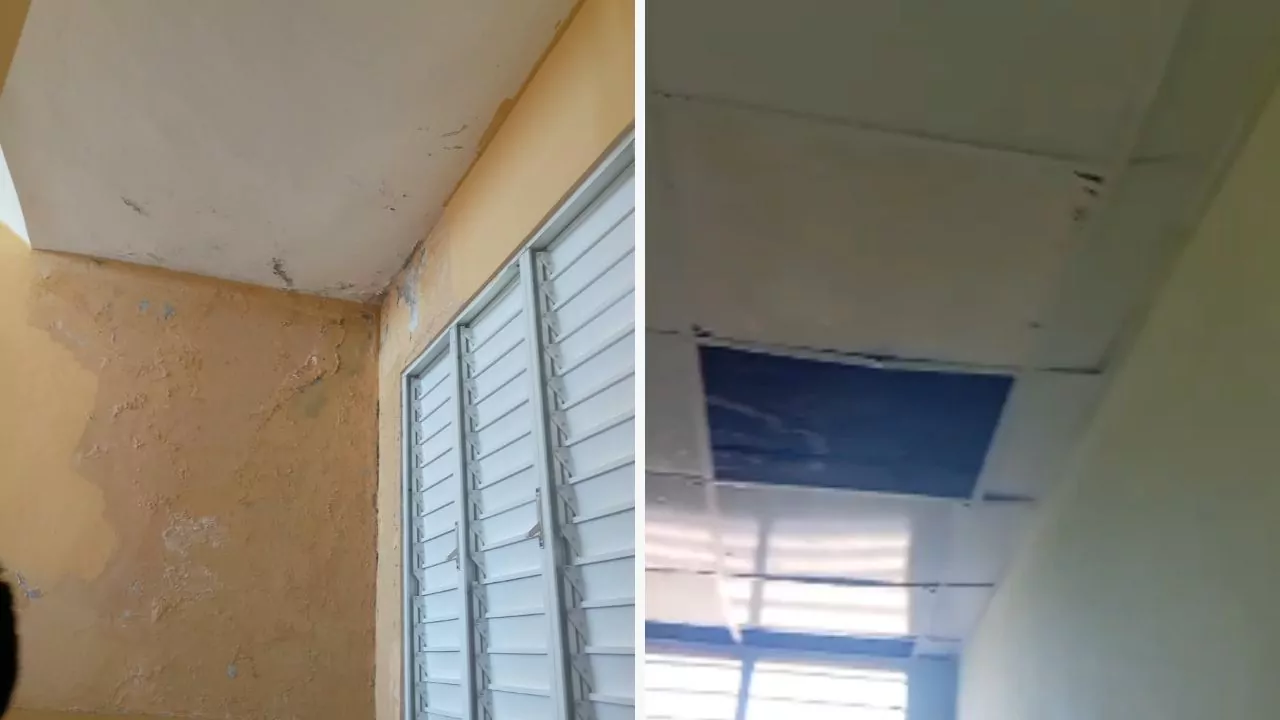 Paredes y techo con humedad, grietas y techos deteriorados en un edificio