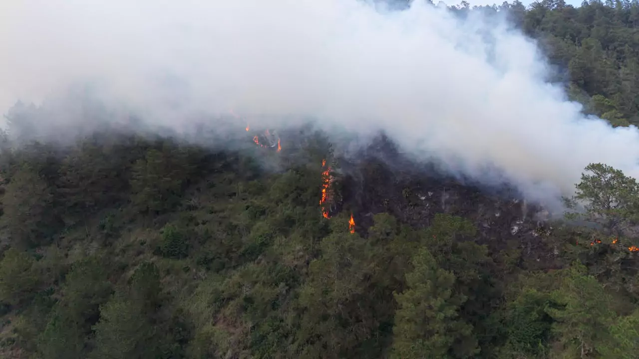 Incendio forestal en zona montañosa con denso humo y llamas, en medio de esfuerzos para contener el incendio en Constanza y La Vega