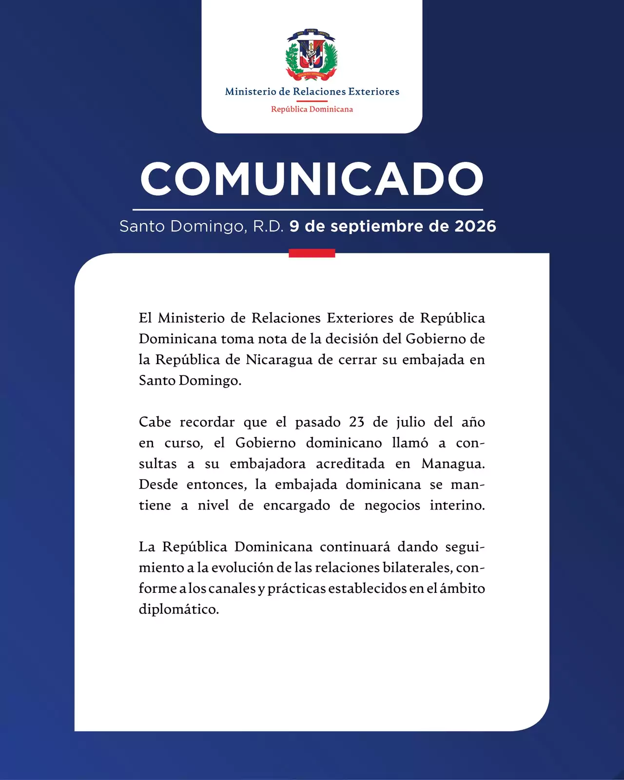 Comunicado de la Cancillería dominicana sobre el cierre de la embajada de Nicaragua en Santo Domingo, 9 de septiembre de 2026
