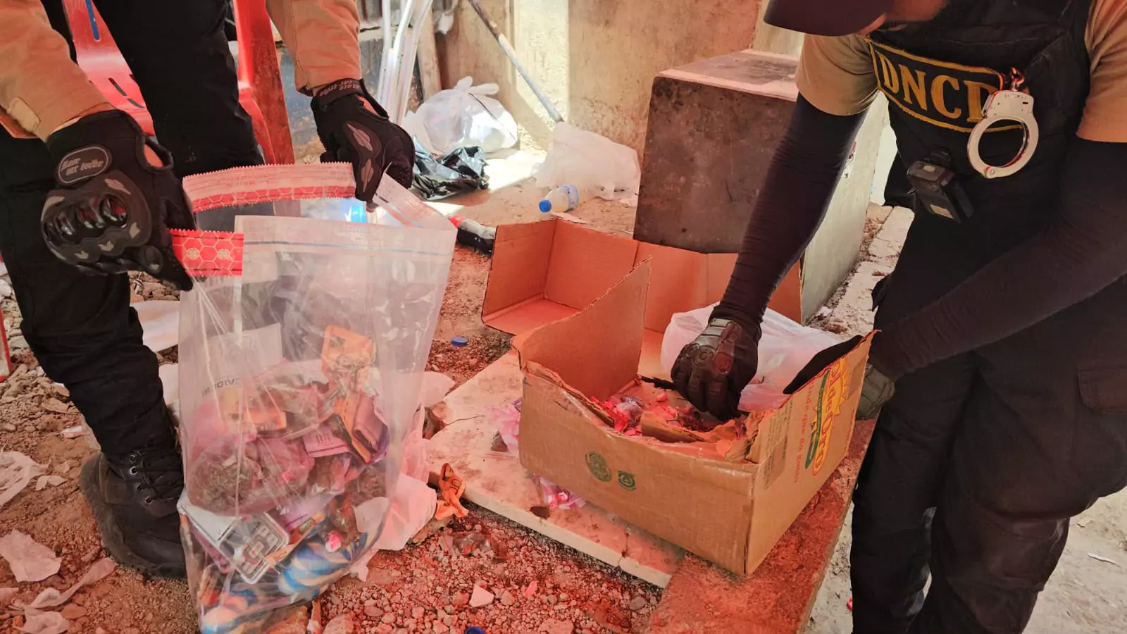 Agentes recogen pruebas en bolsas durante una inspección a una propiedad en República Dominicana