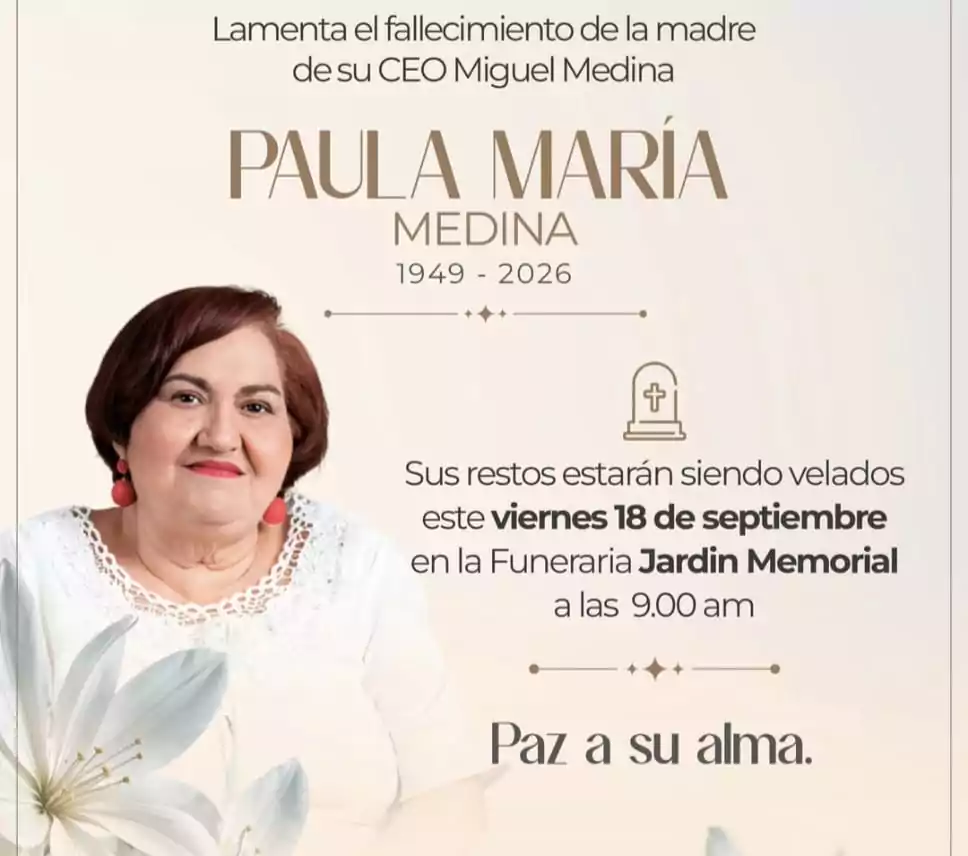 Aviso de funeral de Paula María Medina, madre de Miguel Medina, con retrato y detalles del velorio.