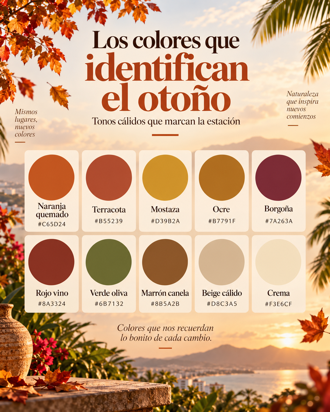 Infografía con paleta de colores otoñales: naranja quemado, terracota, mostaza, ocre, burdeos, rojo vino, verde oliva y beige.