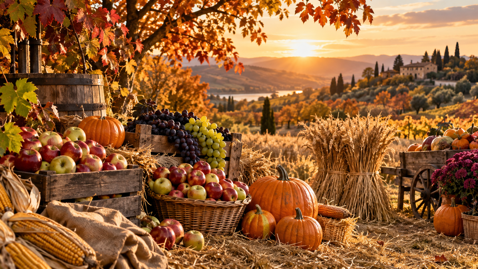 Cosecha de otoño con manzanas, uvas, calabazas y trigo en un campo al atardecer