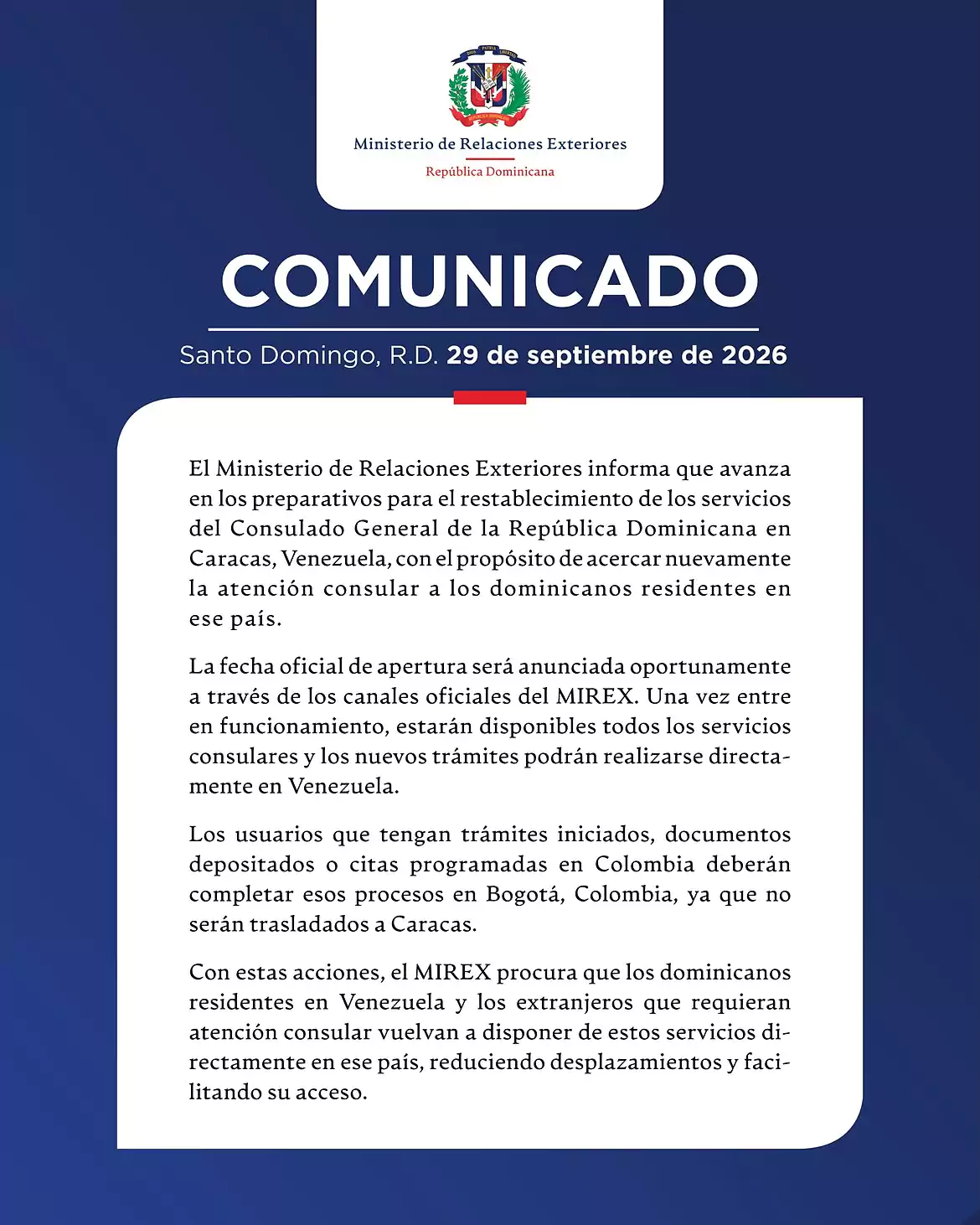 Comunicado del MIREX sobre reapertura de servicios del Consulado General dominicano en Caracas, Venezuela