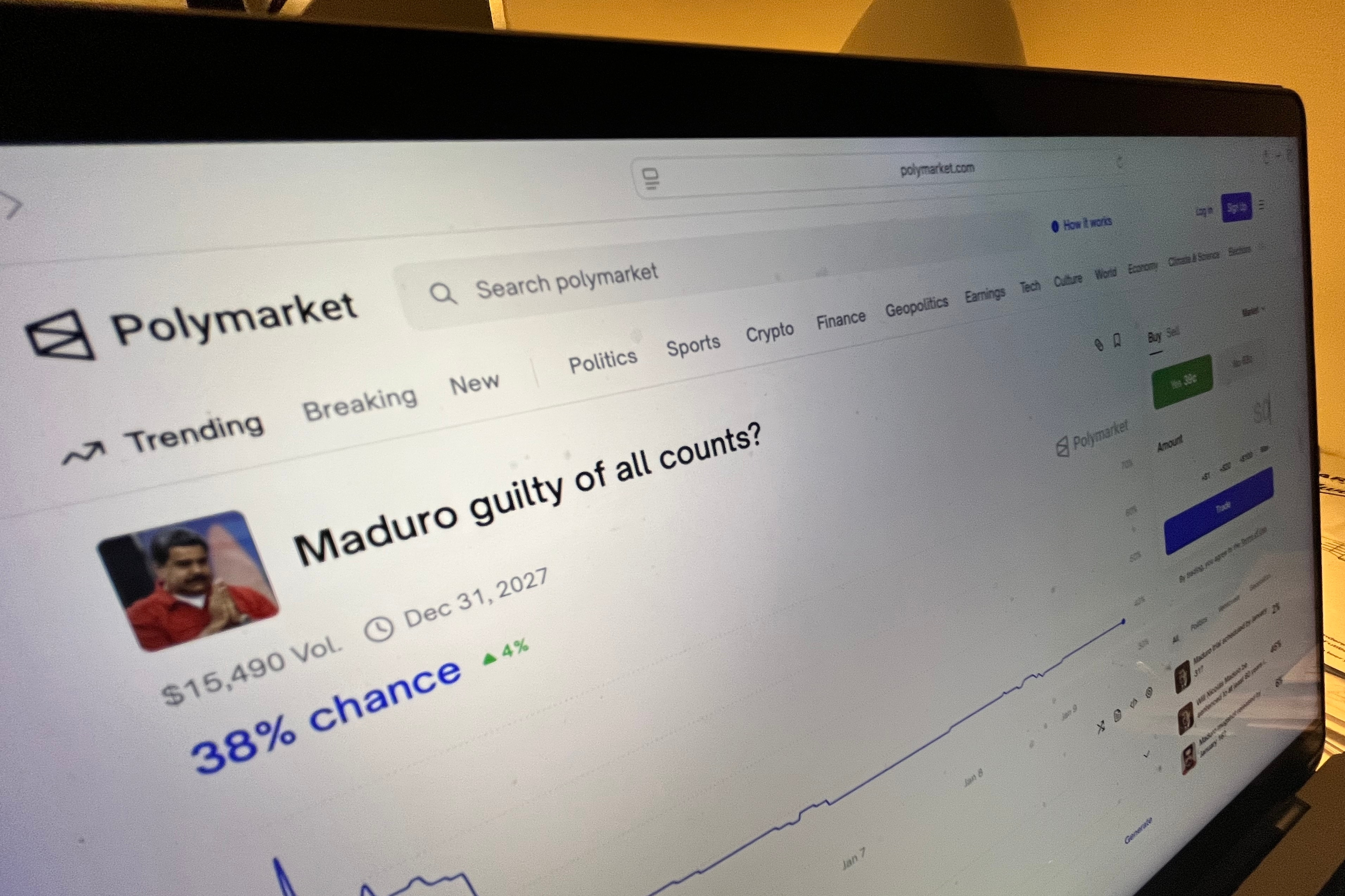 El sitio web de predicción de mercado Polymarket se muestra en una pantalla de computadora el viernes 9 de enero de 2026 en Filadelfia. (Foto AP/Wally Santana)