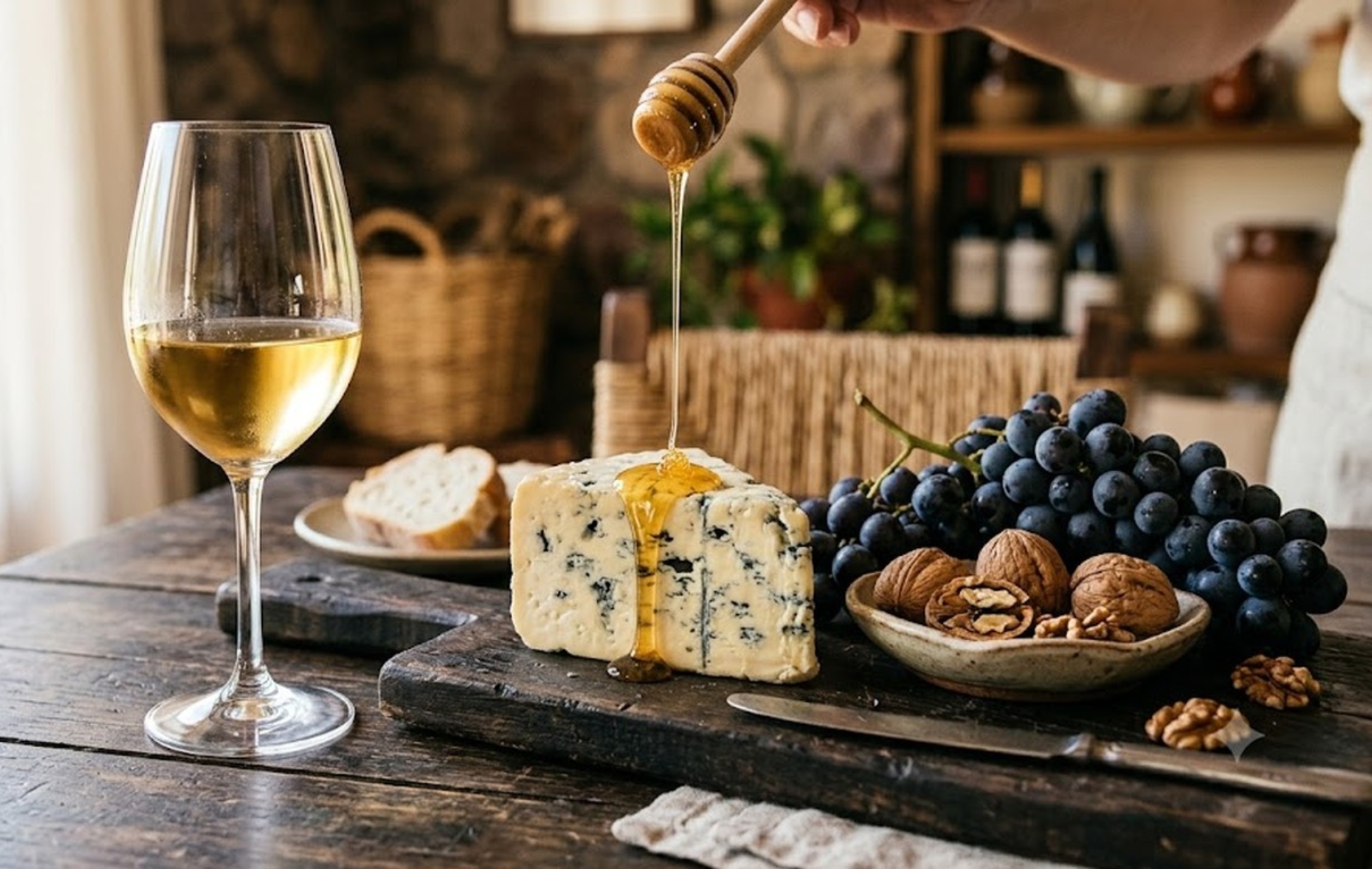 Un queso azul con un vino de postre logra un maridaje contrastante, ya que el vino dulce contrasta con el potente sabor salado y las setas.