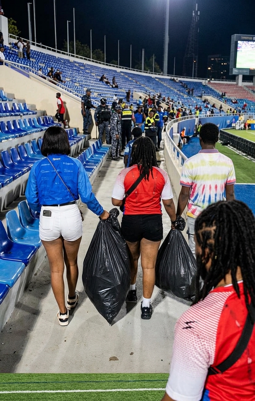 Ciudadanos haitianos limpian el estadio olímpico tras la victoria de su selección ante República Dominicana