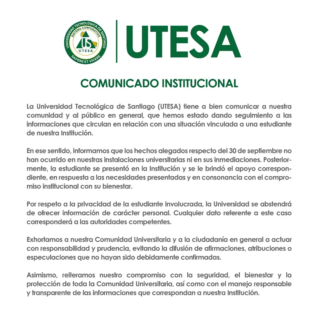 Universidad UTESA niega que en sus instalaciones haya ocurrido presunto abuso sexual contra una estudiante