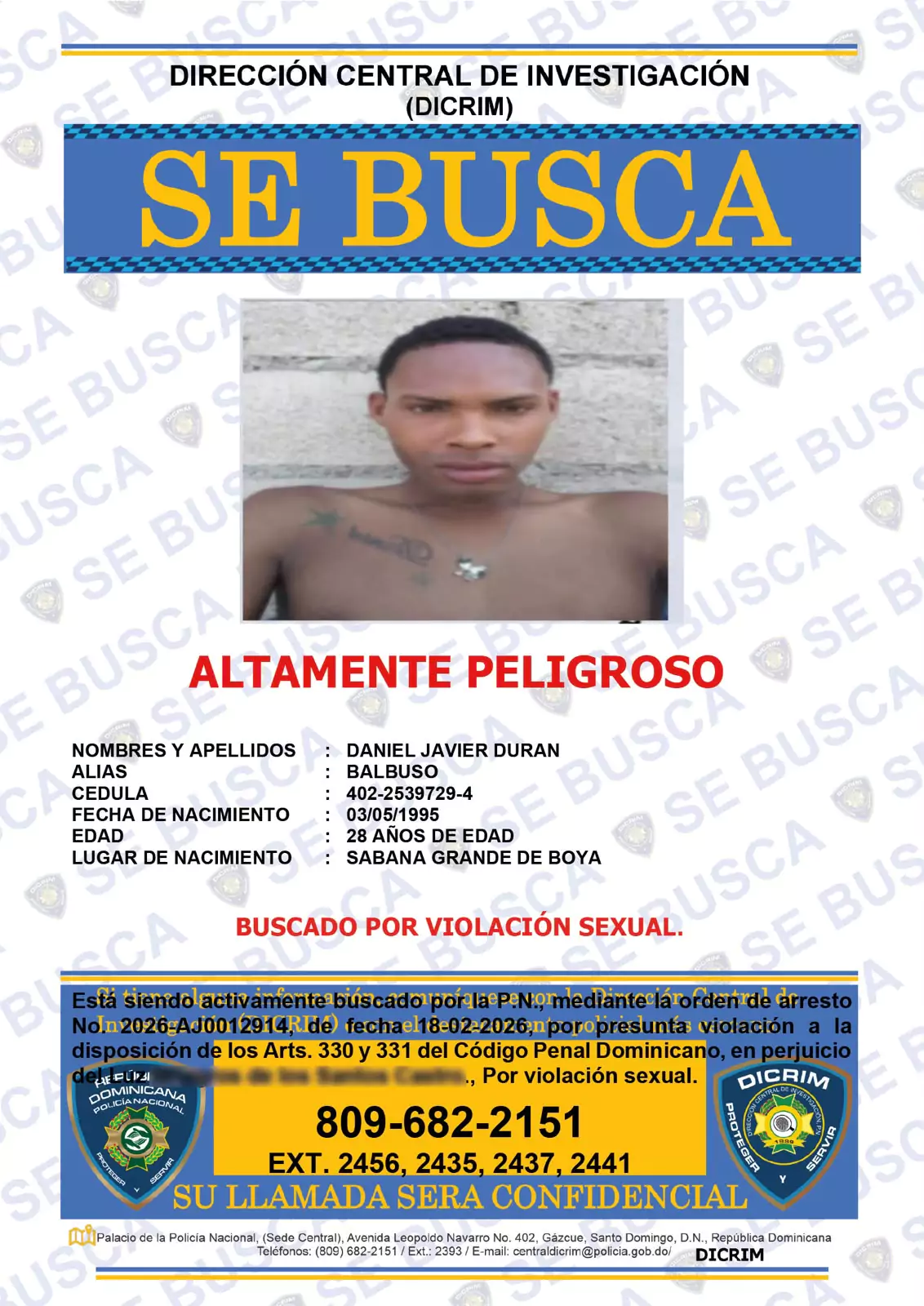 Cartel de búsqueda DICRIM de Daniel Javier Durán, alias Balbuso, señalado como de alta peligrosidad