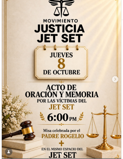 Cartel del Movimiento Jet Set por la Justicia para un acto de oración y memoria por las víctimas de la Jet Set el jueves 8 de octubre a las 18:00 horas.