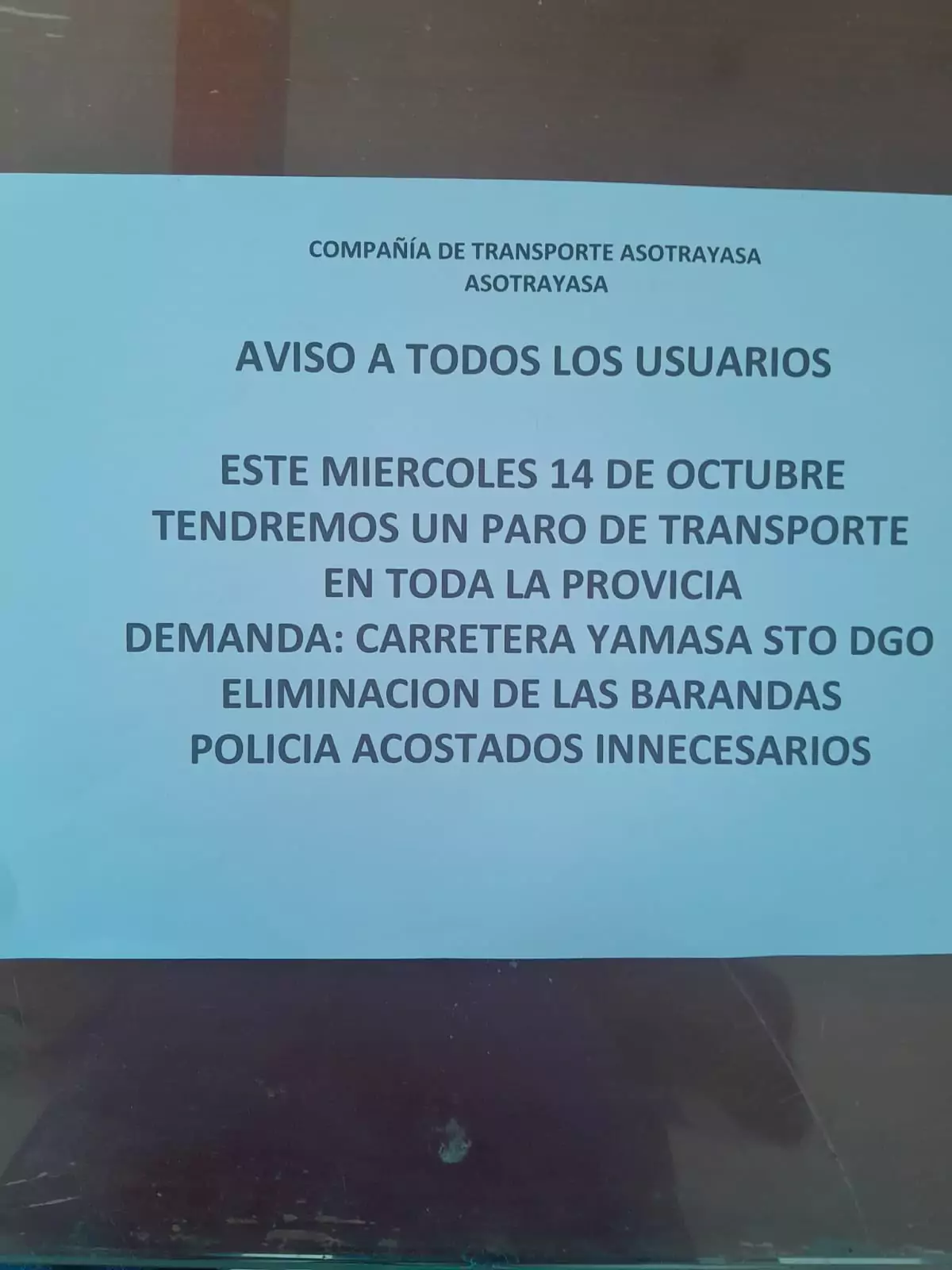 Aviso de Asotrayasa sobre paro de transporte en la provincia y exigencias de la carretera Yamasá-Santo Domingo