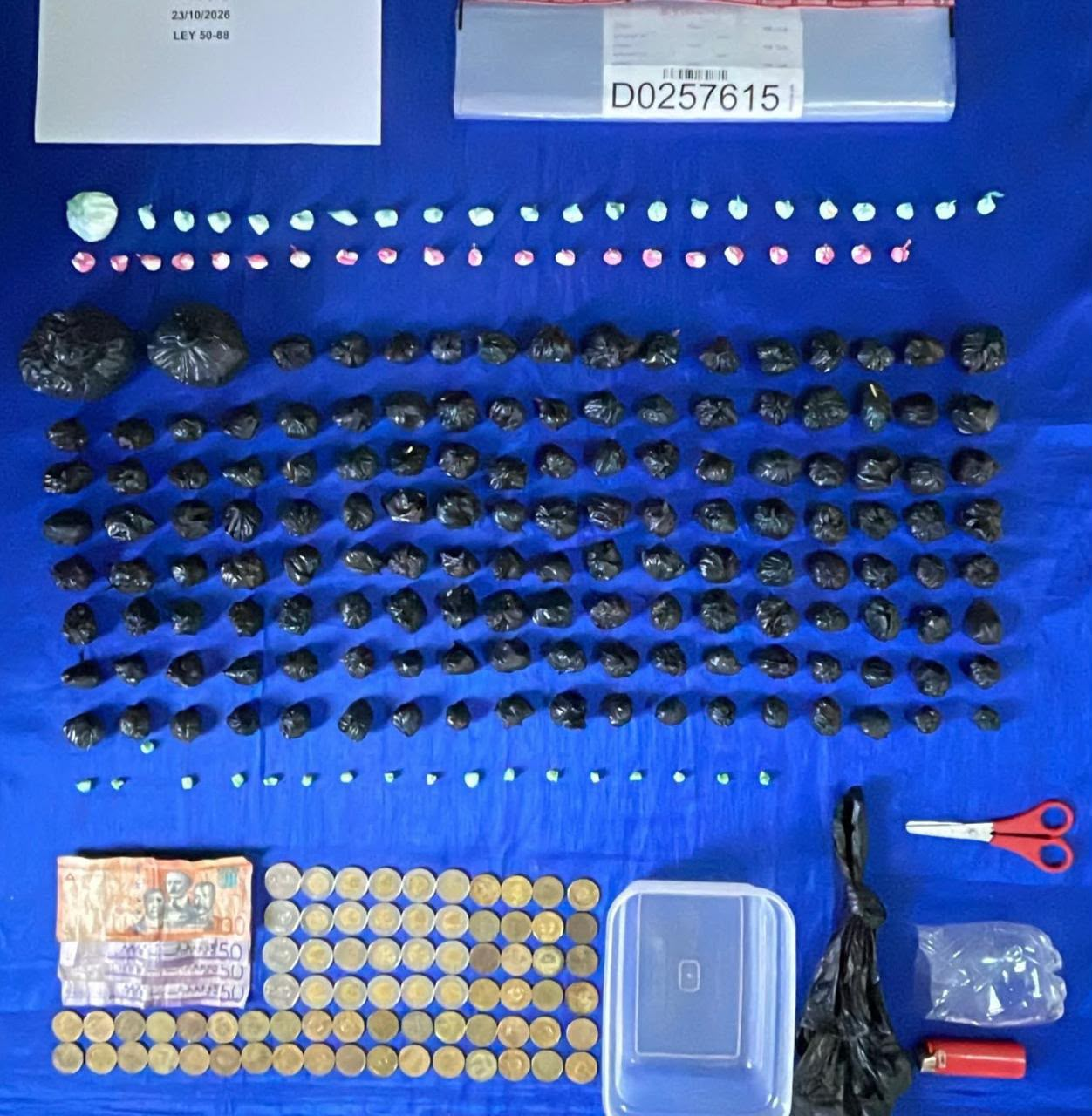 Pruebas incautadas por la DNCD en Constanza: porciones de presunta droga, dinero en efectivo, tijeras y un estuche de plástico.