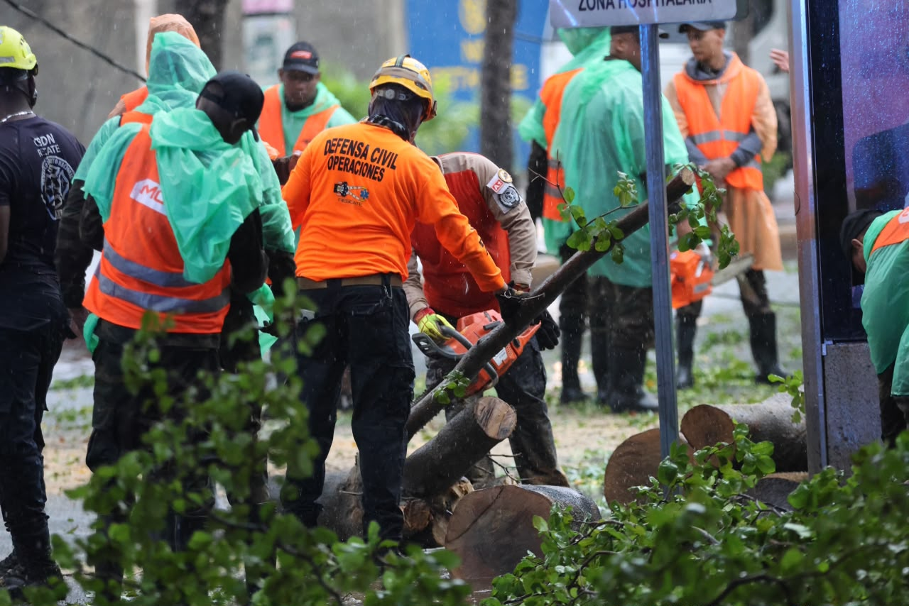 Brigadas de Defensa Civil retiran árboles caídos bajo la lluvia durante emergencia por inundaciones en República Dominicana