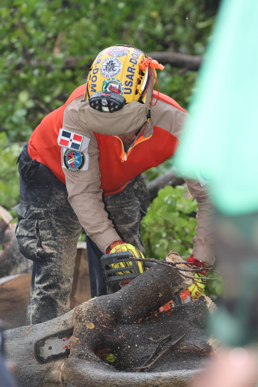 Socorrista de Defensa Civil corta árbol caído durante labores preventivas por inundaciones en República Dominicana