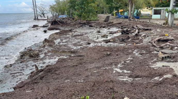 Fuerte oleaje y erosión costera en La Ermita, Espaillat, con desechos y troncos acumulados cerca de viviendas