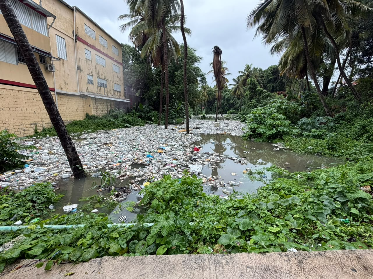 Cañada con agua estancada y gran acumulación de basura en Santo Domingo Norte tras las inundaciones