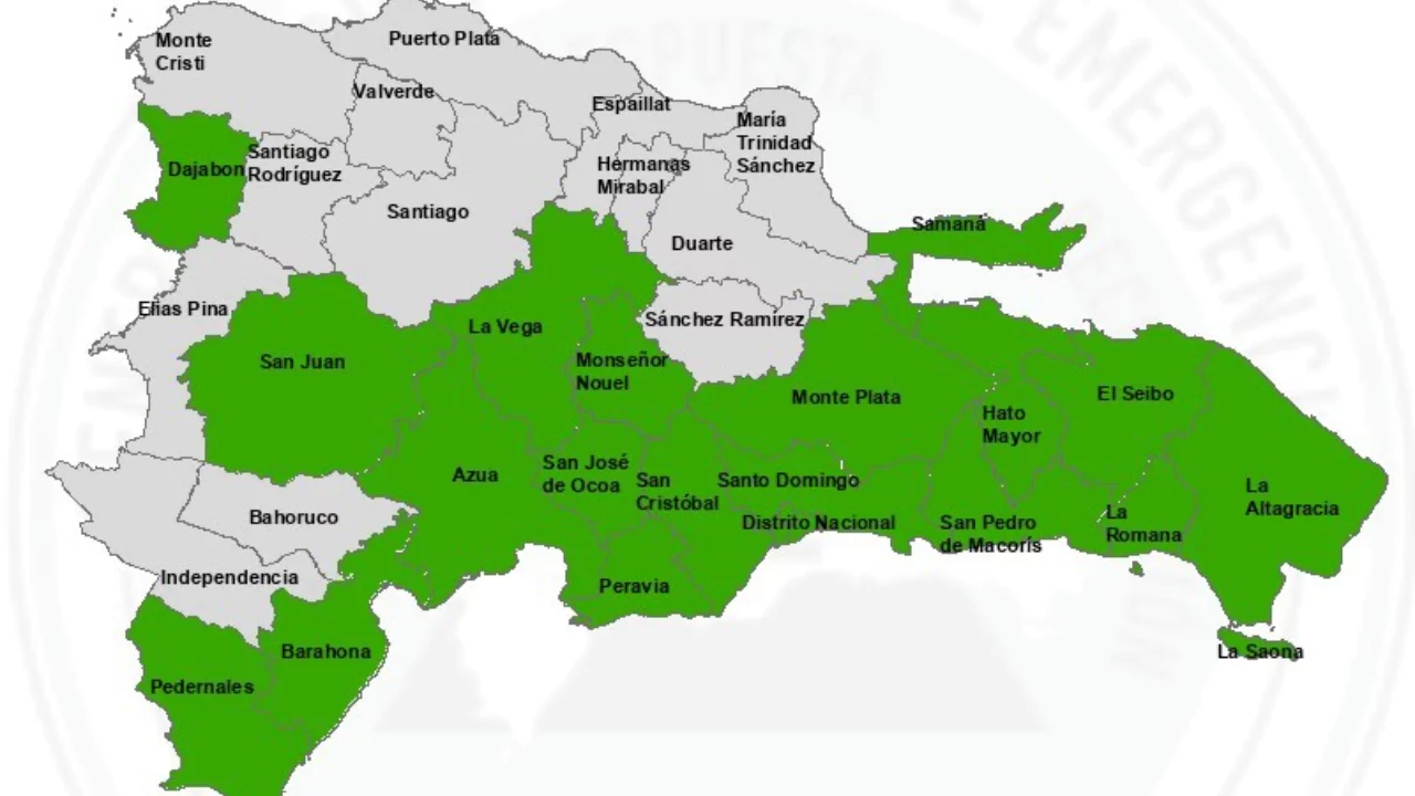 Mapa de República Dominicana con 19 demarcaciones en alerta verde por lluvias, inundaciones y crecidas de ríos