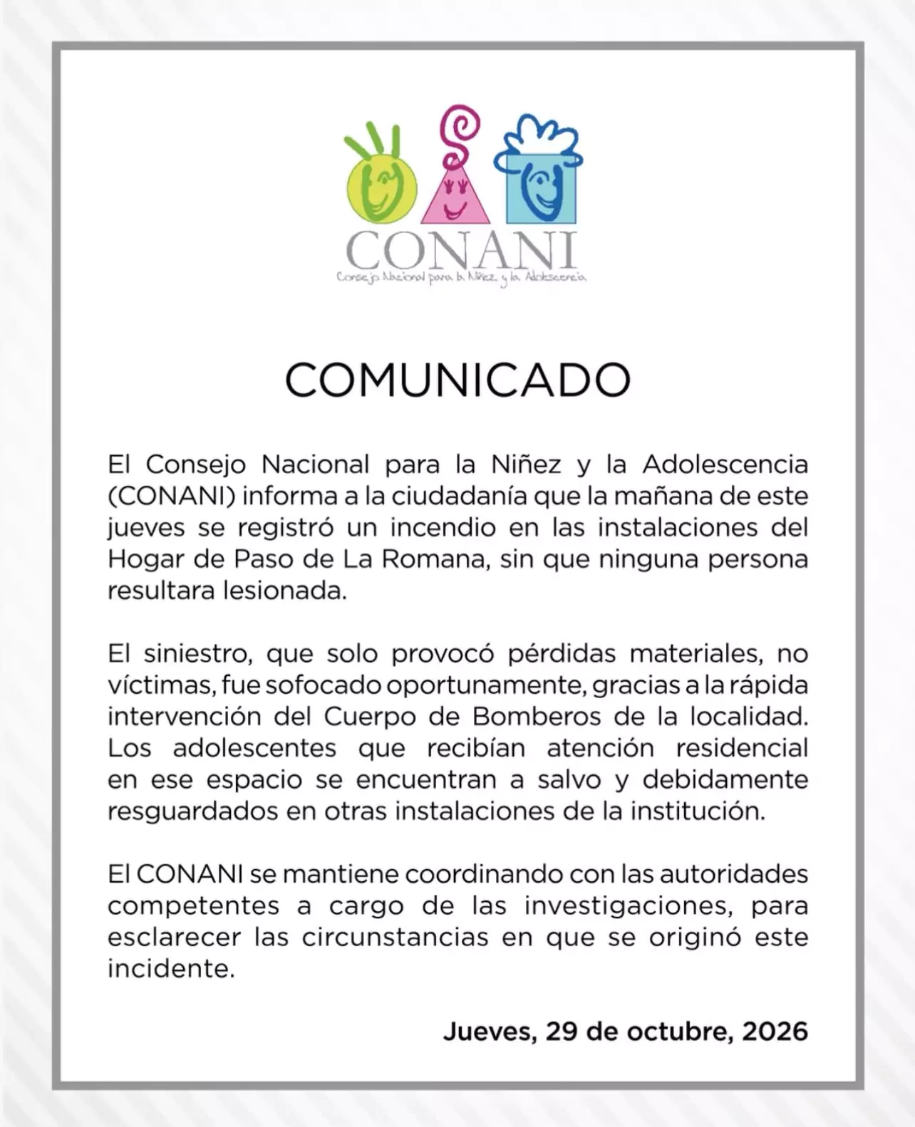 Comunicado del CONANI incendio en Hogar de Paso de La Romana sin heridos