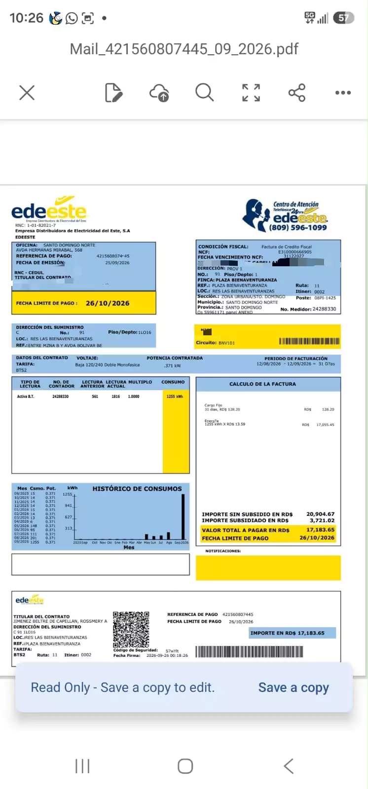 Reportan factura eléctrica de RD$20,904 en negocio que pagaba menos de RD$300