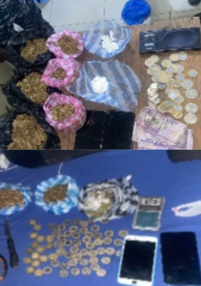 Pruebas involucradas en operativos en Independencia y Bahoruco, con presunta droga, dinero, monedas y celulares.