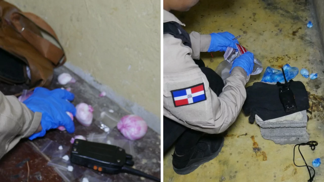 Agente inspecciona presunta droga y pruebas durante operativo de la DNCD contra el microtráfico en Santo Domingo