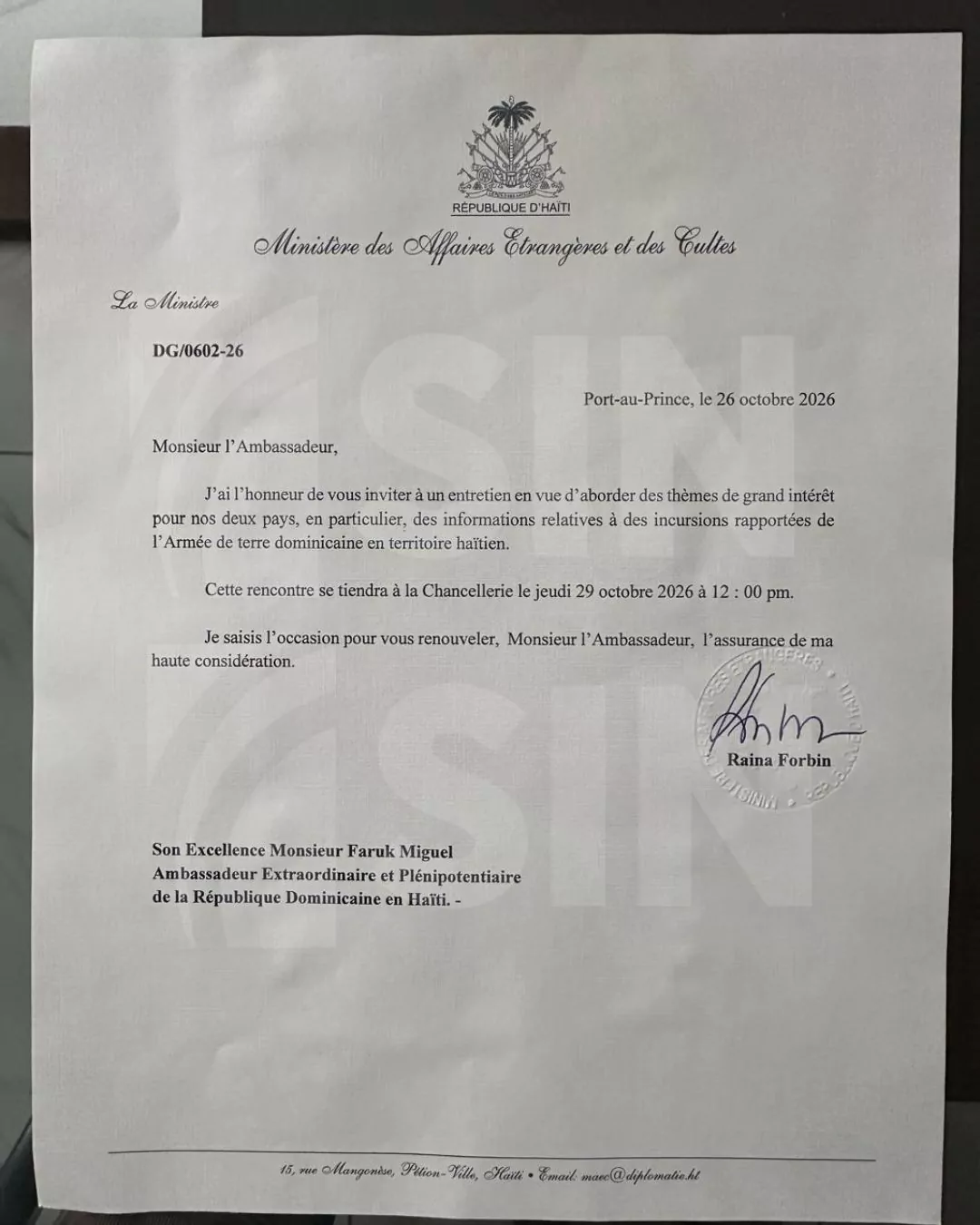 Carta de Cancillería haitiana convocando al embajador dominicano Faruk Miguel por denuncias de presuntas incursiones militares